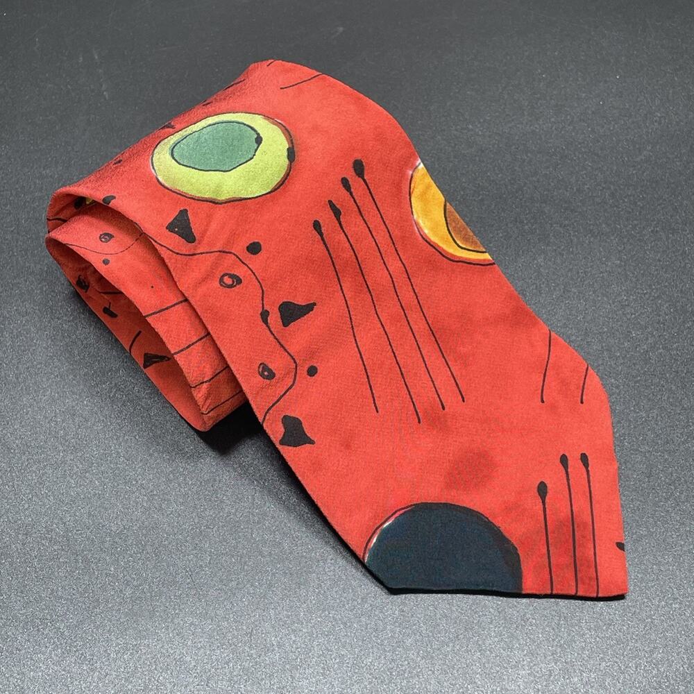 Vtg Marienbad Abstract Artwear Necktie Red Orange Black Hand Painted Tie 3.75”